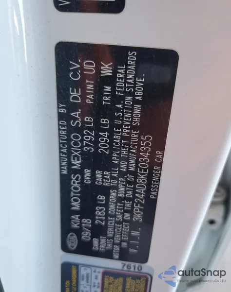 2019 Kia Forte Fe z USA, uszkodzony, nr VIN 3KPF24AD8KE034355